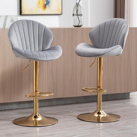 Barhocker 2er Set höhenverstellbar mit Lehne, Samt Grau (1/5)