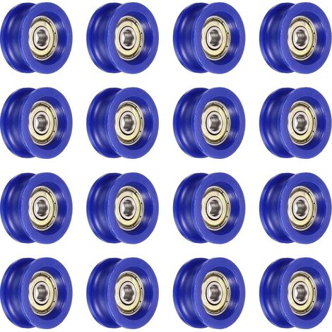16pcs Poulie à Roulement à Billes en U Gorge, Roue Roulement à Guidage en Nylon Type U Rainure 6x29x13mm, Roulements à Rouleaux pour Imprimantes 3D Portes Fenêtres, Bleu (1/5)