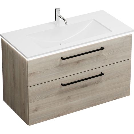 Vasque en fonte minérale Burg Eqio + meuble sous-vasque en chêne, décor flanelle/blanc alpin GR0234