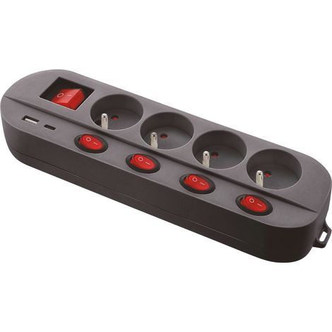 Bloc multiprise - Noir - 4 prises 16A+T - 5 interrupteurs - Chargeur USB C et A - Multiple Charge Rapide - Câble 1,5 mètres (1/2)