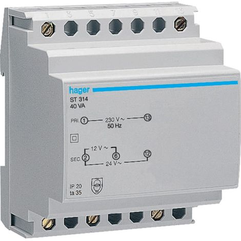 Hager – Transformateur de sécurité 40VA 230V-12 à 24V – Toroïdal – 4 modules – Protection contre surcharges et courts-circuits – Encastrable