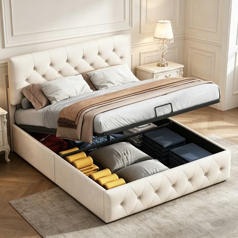 Polsterbett 140 x 200 cm, Bett mit Stauraum und Lattenrost aus Massivholz, Gasfeder, Stauraum – Apricot-Samt