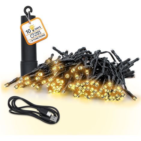 Akku Lichterkette per USB aufladbar bis 10 Tage Leuchtdauer mit Timer - 200 LED auf 15m - Außen Dekolicht warm weiß mit 8 Funktionen