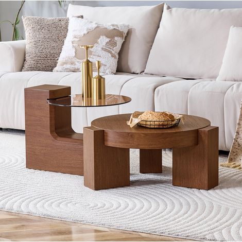 Mesa de centro redonda set de 2 en MDF nogal y vidrio marrón, ahorro de espacio, Ø 61 cm (1/5)
