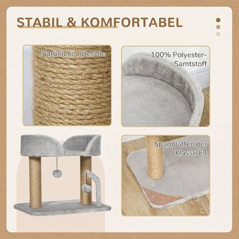 Katzenhaus, kleines Katzenhaus 42 cm mit Jute-Kratzstämmen, Plattform, grau. (1/5)