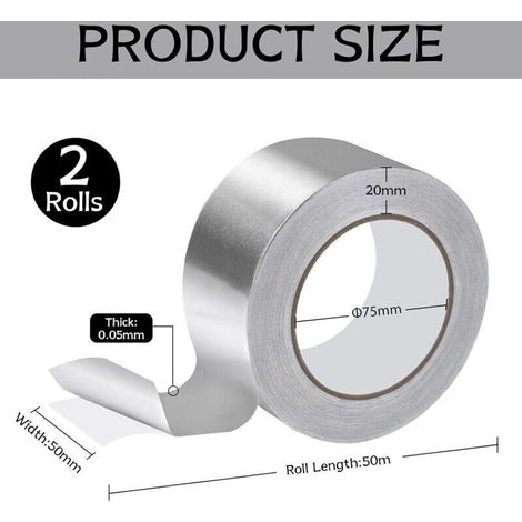 2 Rouleaux de Ruban Aluminium 50 mm x 50 m Ruban Adhésif Alu Autocollant Argenté Résistant à la Chaleur pour Scellement, Isolation & Réparation (1/5)