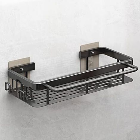Spülbecken-Schwammhalter-Organizer, selbstklebendes Aluminium-Ablagefach für Seife, Schwämme, Bürsten, multifunktionale Abtropffläche mit 2 Haken und Handtuchhalter, Schwarz