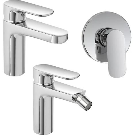 Set miscelatori lavabo bidet e doccia in ottone cromato con piletta Kreo