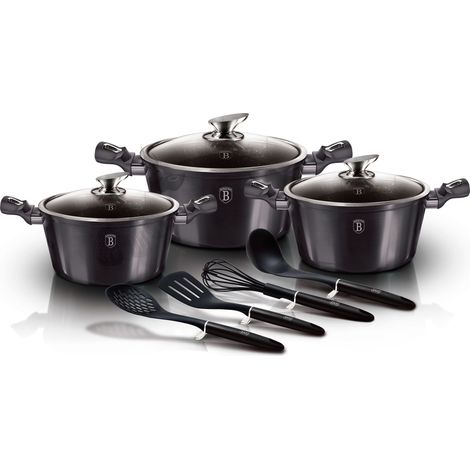 Berlinger Haus Carbon Pro Batería Cocina Inducción 10 Piezas, Antiadherente Mármol sin PFOA, Aluminio, 3 Cazuelas Tapas Gris Oscuro