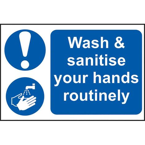 Panneau obligation, avec pictogramme : Lavage des mains obligatoire "Wash and Sanitize your hands routinely", ( Prix pour 1 ) (1/3)