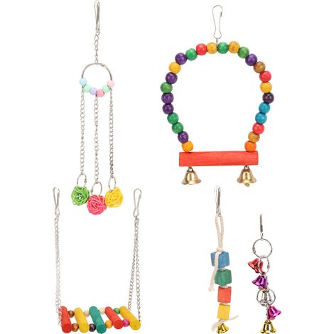 Ensemble de balançoire en bois colorée pour perroquet, jouet à mâcher avec clochettes (1/5)