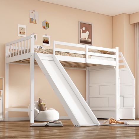 Lit superposé enfant 90x200 cm avec toboggan, échelle rangement et barrière amovible blanc