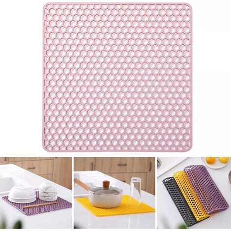 Tapis de séchage d'évier en silicone, égouttoir à vaisselle rectangulaire de cuisine résistant à la chaleur, tapis anti-goutte, 30,5 x 30,5 cm, rose (1/5)
