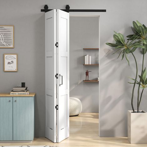 HOMCOM puerta corredera plegable con herrajes 91,4x213,4 cm, puerta corredera interior con rodillo, riel de acero, guía de suelo, manija, blanco