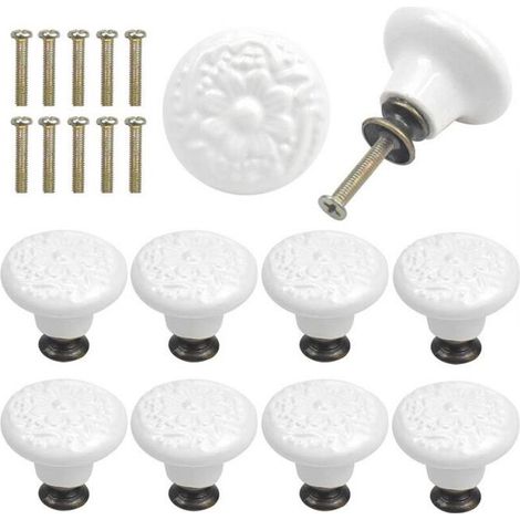 10 Pcs - White Ceramic Drawer Knobs Vintage Engraving Round Cabinet Door Handle with Screws (1/5)