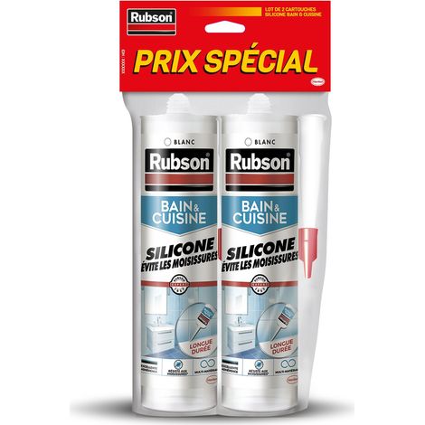 Rubson Mastic Bain & Cuisine Pure Silicone Anti-Moisissures Blanc, mastic sanitaire à base de silicone, mastic étanche renforcé en antifongique, lot de 2 cartouches 280 ml