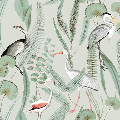 Kivu Wallpaper Muriva Birds Tropical Floral Mint Green Natural (1/2)