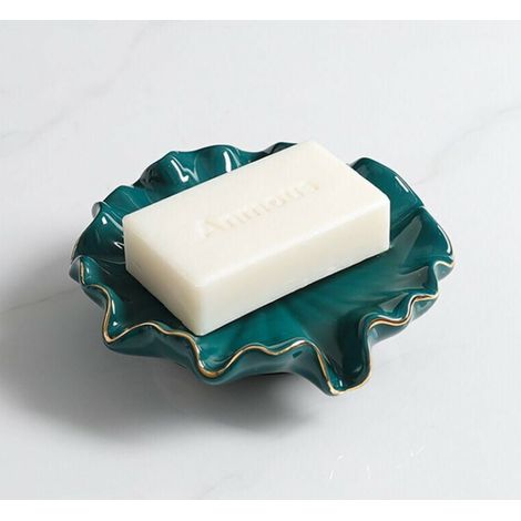 Sollbry Jabonera de cerámica, escurridor de jabón, jabonera de baño con forma de hoja de loto (verde, 14 cm) (1/4)