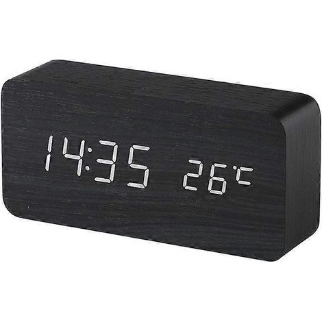 Réveil LED rectangulaire noir et blanc effet bois - Horloge numérique tactile avec affichage de la date, de l'heure et de la température, 2024 Ping (1/5)