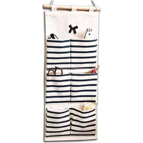 UlisemSac de rangement suspendu à rayures, panier de rangement, pochette de rangement, sac organisateur mural en tissu, bleu (1/4)