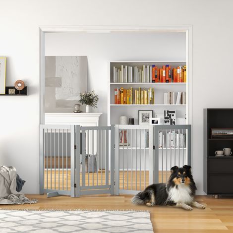 Barrière pour chien autoportante et pliable, avec porte et pieds, cadre en bois, 220 x 36 x 91 cm, gris clair