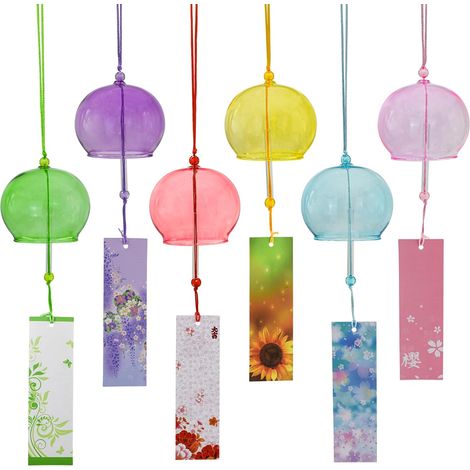 Lot de 6 carillons éoliens japonais en verre coloré avec étiquette faite à la main pour extérieur, jardin, terrasse, décoration d'intérieur (coloré) (1/5)