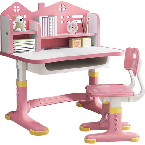 Kinderschreibtisch-Set, verbreiterte Tischplatte, höhenverstellbar, schlossförmige Rückwand, mit Regalen und Schubladen (rosa) (1/5)
