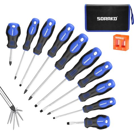 Coffret tournevis 11 pièces, Avec démagnétisation 2 en 1, sac en nylon haute densité, pointe magnétique, poignée antidérapante, avec 5 embouts plats, 5 cruciformes (1/5)
