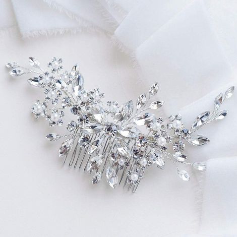 Peineta para el cabello, Flor de cristal y perla, Accesorio para el cabello de novia, Ceremonia de noche Plata (1/5)