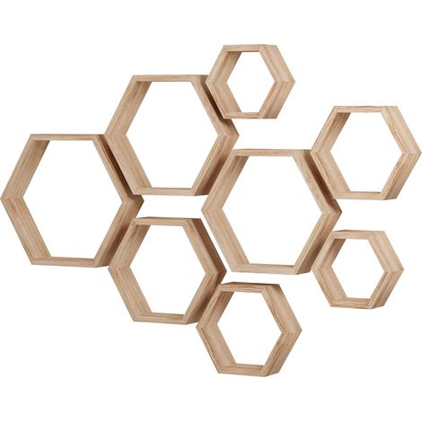 Étagères flottantes hexagonales, étagère hexagonale de rangement murale  Lot de 10 étagères murales en nid d'abeille à suspendre pour salle de bain, cuisine, salon, bureau, bois flotté (1/5)