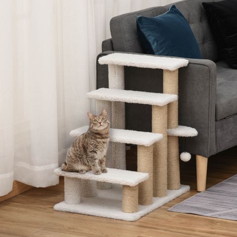 Escalier d'ascension blanc à 4 niveaux pour animaux, panneau de particules solide, revêtement doux peluche et jute avec zone à griffer, adapté pour accéder au lit et canapé (1/5)