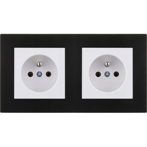 Prise de courant complète double 2P+T blanche, cadre double noir métallisé Série KARELL 16A 250V EXEN (1/4)