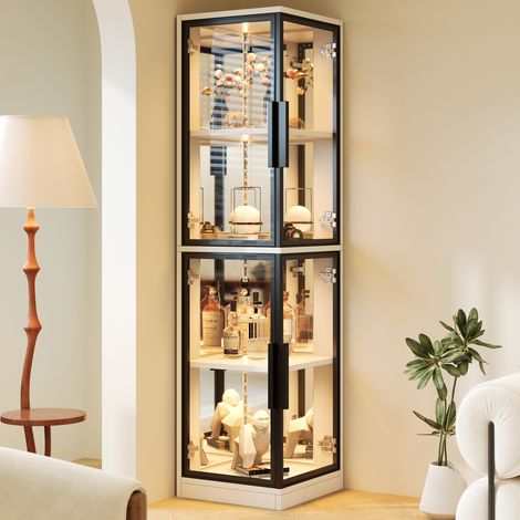 Vitrine en Verre Blanche avec LED et Fond Miroir, Vitrine de Collection d'Angle 44x42x164 cm pour Vin et Décoration (1/5)
