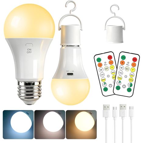 Lot de 2 Ampoule Rechargeable E27, 2600mAh, Télécommande, Minuterie, 3 Couleurs, USB-C, Camping