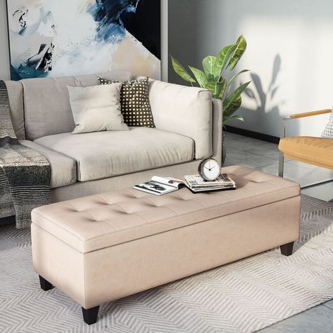 Banquette capitonnée avec espace de rangement, capitonnage à boutons, jusqu'à 120 kg, 125 x 49 x 41,5 cm, beige