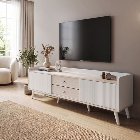 Meuble TV 160x40x58cm avec 2 Tiroirs et 2 Portes Coulissantes Panneau de Particules et Pieds en Bois Massif Style Moderne Blanc et Bois (1/5)