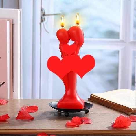 Bougie pour amoureux avec support, figurine de couple enlacé pour la Saint-Valentin, avec plaque en fer noir (corps entier) (1/5)