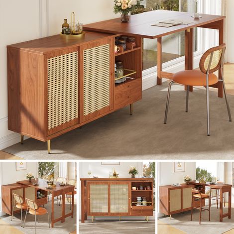 Okwish – Buffet de rangement 107x40x71,4 cm – Table rotative 360° – Porte en rotin – Étagère ouverte – Cuisine, salle à manger (1/5)