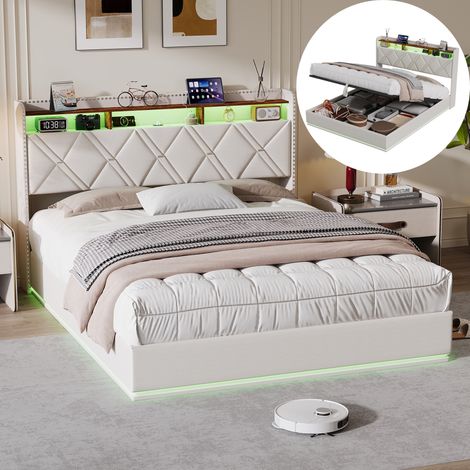 Letto matrimoniale contenitore 160x200 cm in lino, 2 piazze, letto imbottito con LED, USB e rete a doghe, stile scandinavo - bianco