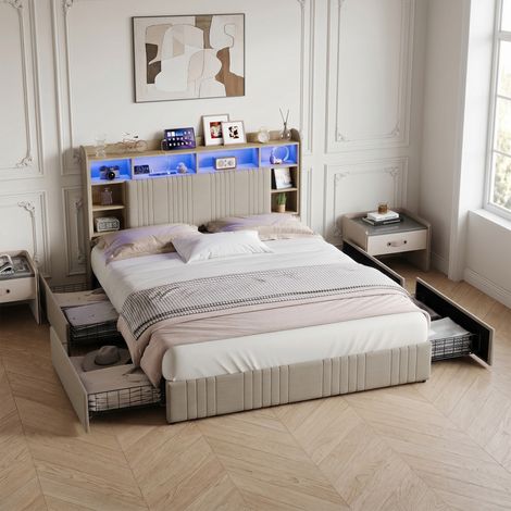 Lit double 140x200 cm avec 4 tiroirs, Tête de Lit avec USB et LED, cadre de lit avec sommier à lattes, lit adulte, beige (1/5)