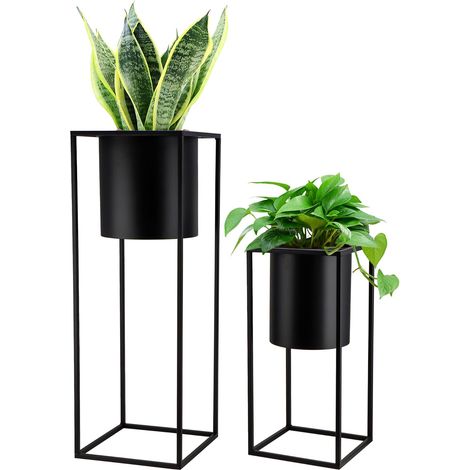 Lot de 2 grands pots de fleurs en métal avec support pour plantes d'intérieur - 71,1 et 45,7 cm de haut - Pots de fleurs pour salon, cuisine, bureau, jardin, balcon, terrasse (noir) (1/5)