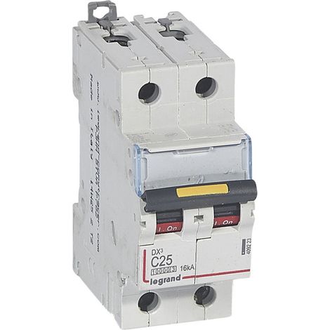 Disjoncteur DX10000 16kA arrivée haute et départ bas à vis 2P 230V à 400V 25A courbe C 2 modules (409223)