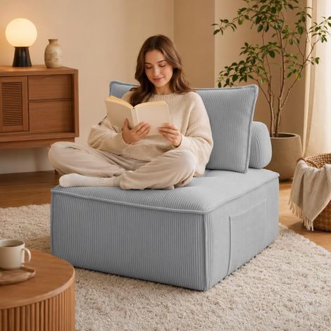 Canapé-lit modulable cubique sans accoudoirs, canapé de sol relax surdimensionné en velours côtelé avec assise profonde, dossier amovible, poche latérale et coussin latéral, pouf capitonné monobloc po (1/5)