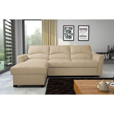 - Canapé d'angle convertible en cuir de luxe italien , 5 places LUGANO, beige, angle gauche (1/4)