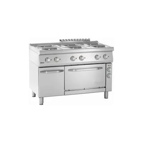 Fourneau inox électrique 6 feux, sur four électrique 3 x GN 1/1, avec support fermé, 19 500 W, 400 V - TRI