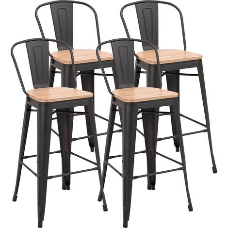 Homcom – Lot de 4 tabourets de bar industriel – Hauteur assise 76 cm – Métal café foncé – Panneaux multicouches imitation bois clair – Dossier et repose-pied (1/5)