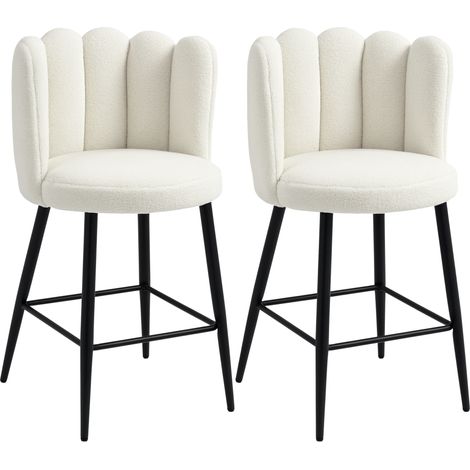 Bar Stools Set of 2, Modern Boucle Upholstered Shell Barstools, Breakfast Bar Chairs with Backrest, Footrest and Steel Base for Kitchen Counter, Cream (1/5)
