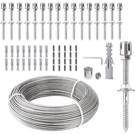 Support for Climbing Plants, Trellis Kit for Climbing Plants, 12 m, Complete System, Includes Wall Supports and 3 mm Steel Cable (8 Supports, 12 Metres of Cable) (1/5)