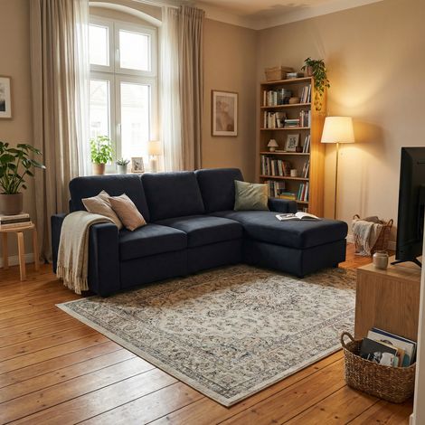FX-P60EU-BK – Canapé avec espace de rangement. Grande causeuse avec un ottomane à côté. Mousse au centre, les accoudoirs peuvent être retirés. Canapé moderne pour le salon. Longueur : 245,5 cm. (1/4)