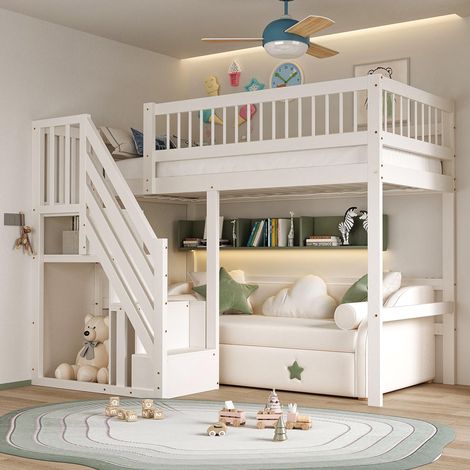 Lit en bois massif 90 x 200 cm, escalier avec rangement intégré, lit enfant, lit adolescent, lit simple, cadre en bois massif, version haute, blanc (1/5)